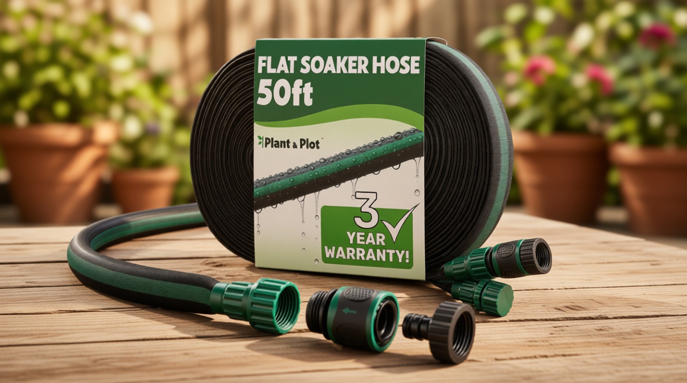 Flat Soaker Hose 50ft for Garden // Drip Hose for Garden Beds, Lawns and Trees // Heavy Duty Leakproof Design with Quick Connect // Linkable Irrigation System for Vegetables and Flowers