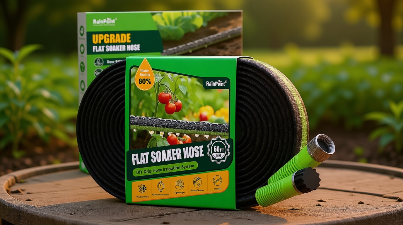 RAINPOINT Soaker Hose 50FT, 80% Water-Saving Drip Irrigation Hose for Garden, Leakproof and Flexible with Anodized Aluminum Ends, Double Layer Flat Soaking Hose for Flower, Vegetables and Tree, Green