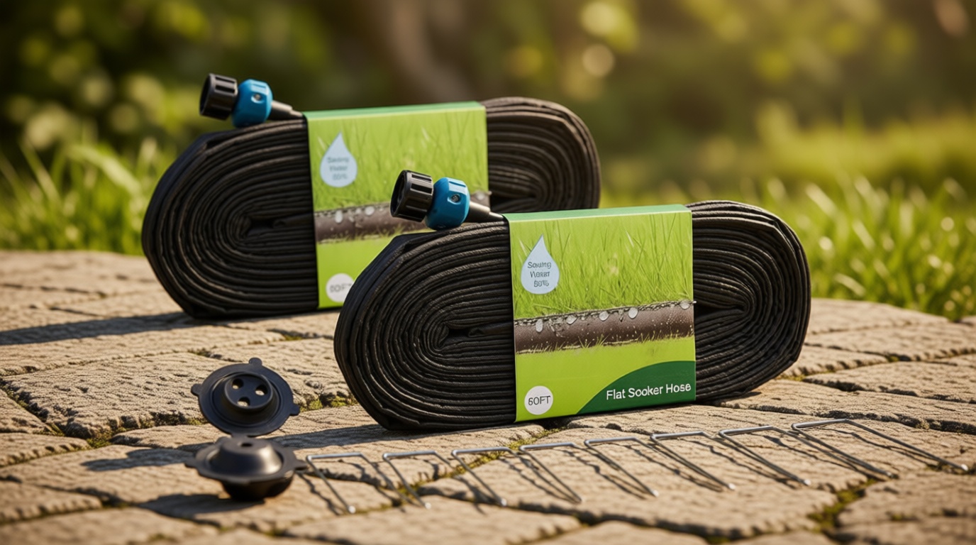 Hourleey Flat Soaker Hose 100 FT for Garden, 100' (50FT x 2) Linkable Consistent Drip Irrigation Hose, Leak-free Dual-layer Design Saving 80% Water Garden System Water Hose with Holes