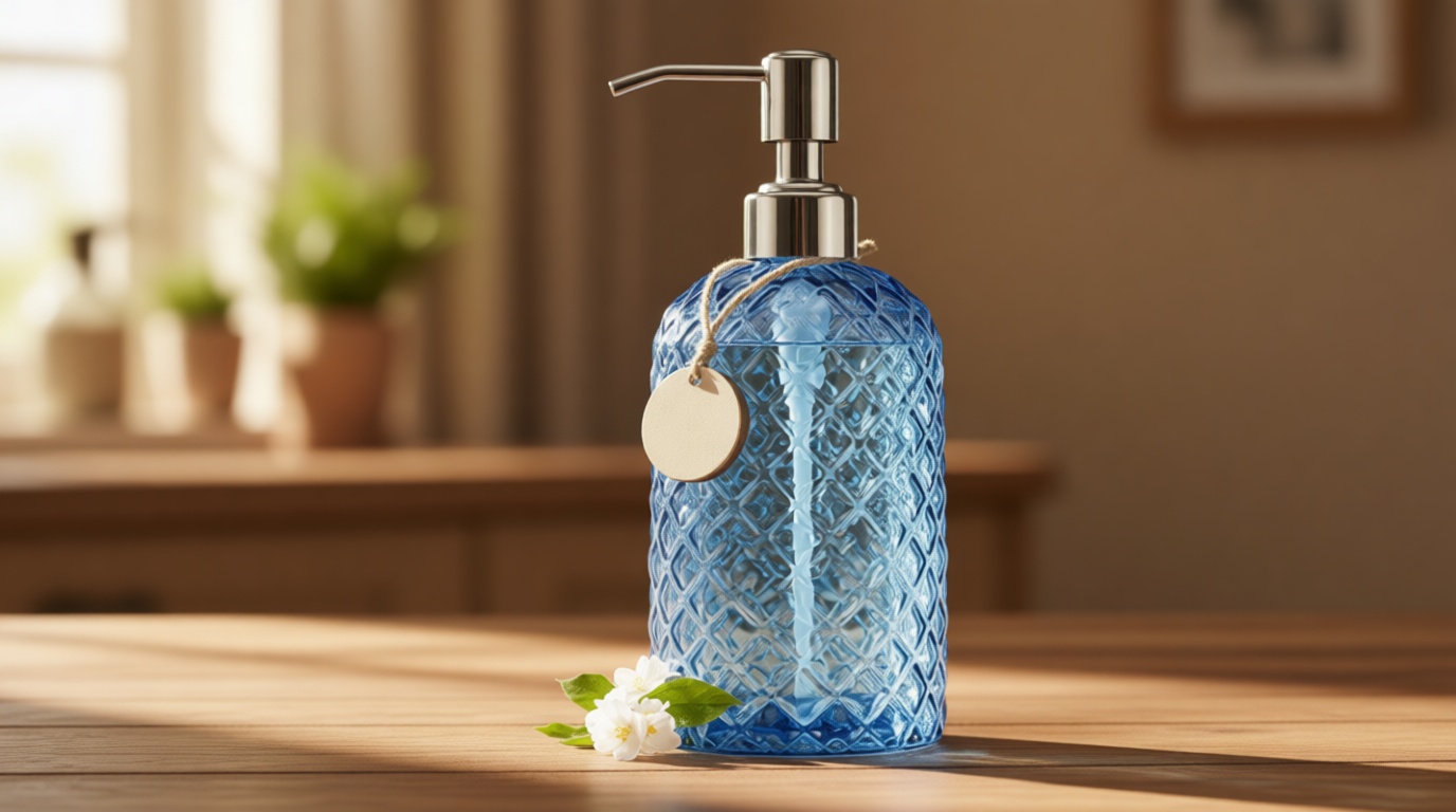 JASAI 18Oz Gem Patterned Glass Soap Dispenser for Kitchen and Bathroom, Refillable with Rust Proof Stainless Steel Pump (Blue)