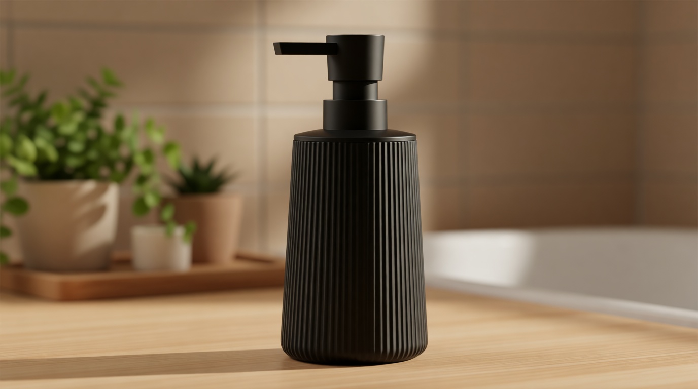 Small Soap Dispenser for Bathroom and Kitchen, Modern Farmhouse Striped Style Plastic Hand Soap Dish Soap Dispenser with Pump Matte Black