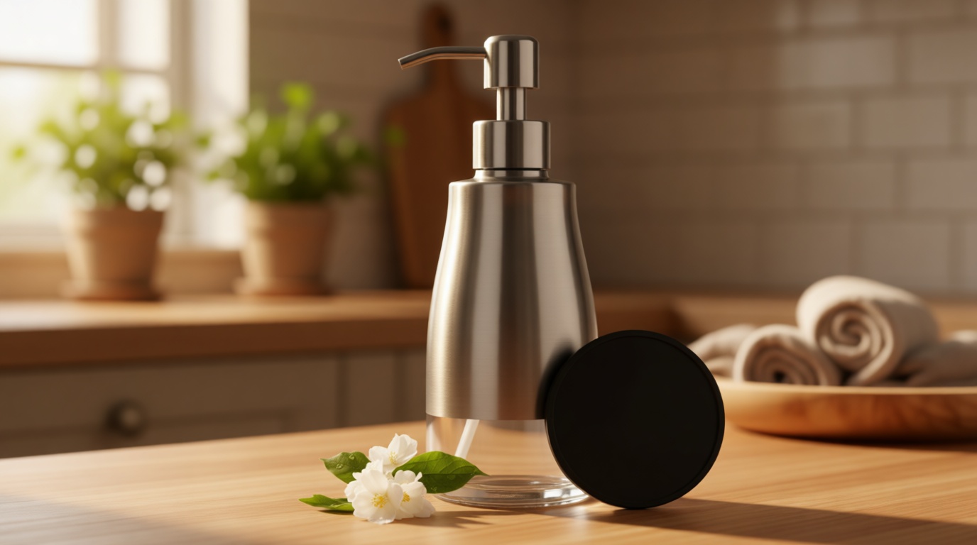 Gaussra Soap Dispenser with Coaster and Stickers, Brushed Nickel Stainless Steel Case Glass Liner Hand Pump Dispenser, Refillable Liquid Hand Soap Dispenser for Bathroom & Kitchen (11OZ / 320ML)