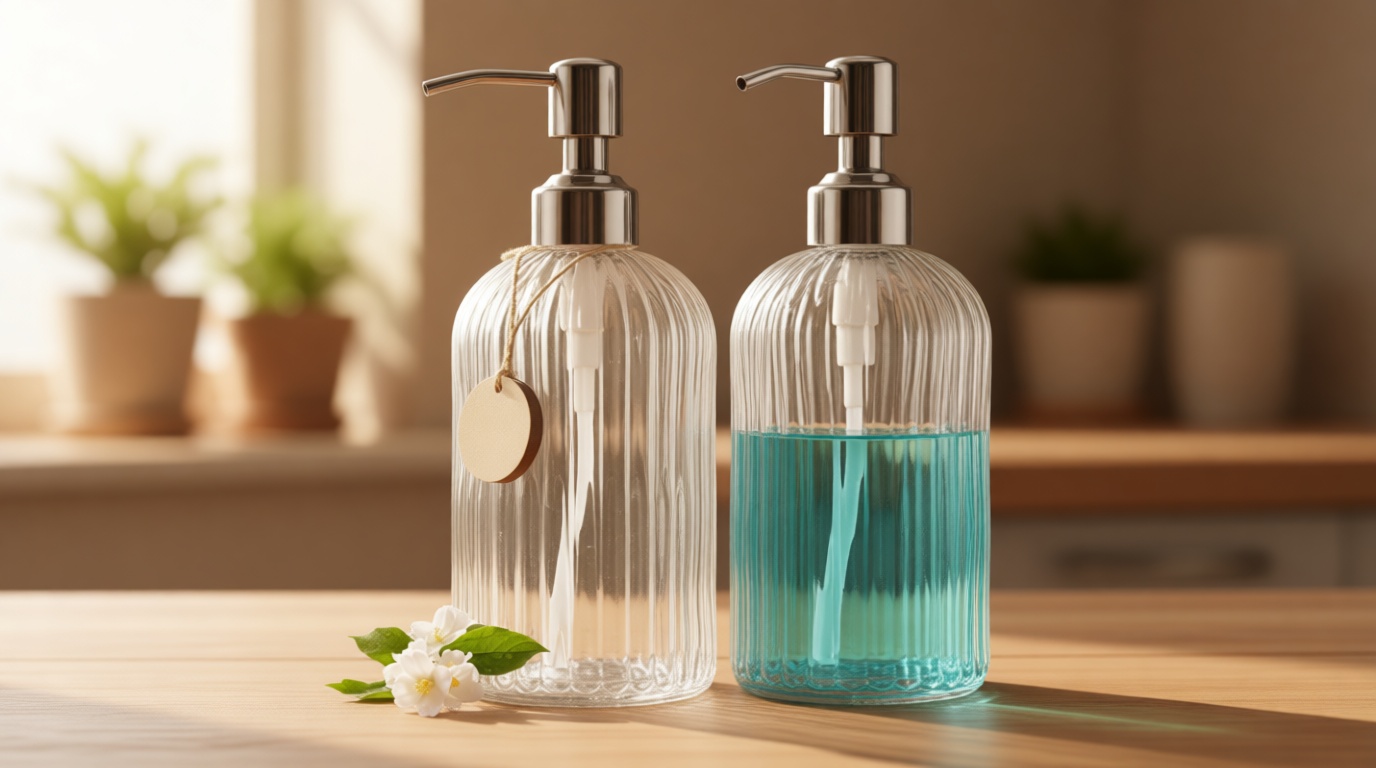 JASAI 2PACK 18 Oz Glass Soap Dispenser with Rust Proof Stainless Steel Pump, Refillable Hand Soap Dispenser with Vertical Stripe, Premium Bathroom soap Dispenser for Kitchen & Bathroom