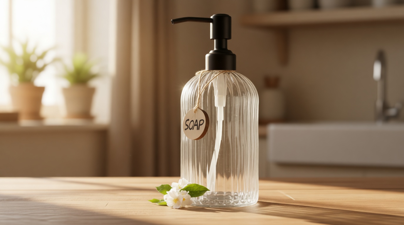 JASAI 18Oz Simple Glass Soap Dispenser with Black Rust Proof Pump, Refillable Kitchen soap Dispenser with Vertical Stripe, Bathroom Soap Dispenser for Dispense Hand soap, Dish Soap, Lotion.