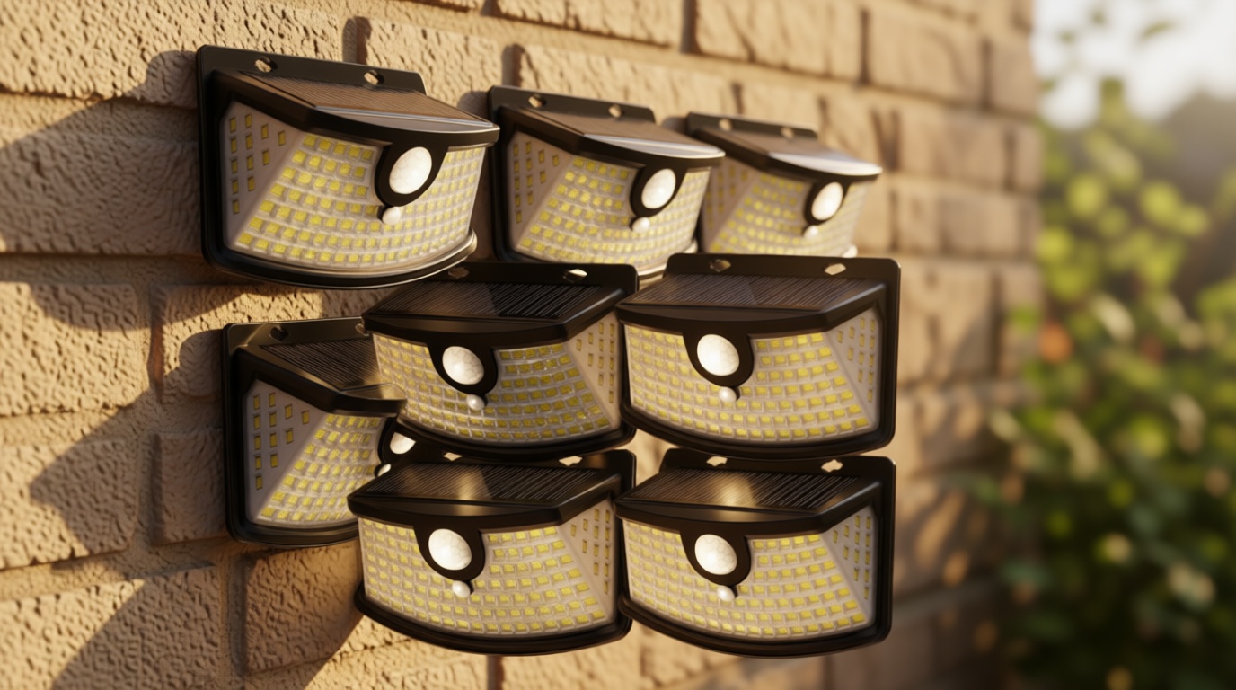 Aootek New Solar Motion Sensor Lights 120 LEDs with Lights Reflector,270° Wide Angle, IP65 Waterproof, Step Lights for Front Door, Yard, Garage, Deck (Black, Daylight White, 6-Pack) Global Recycled Standard