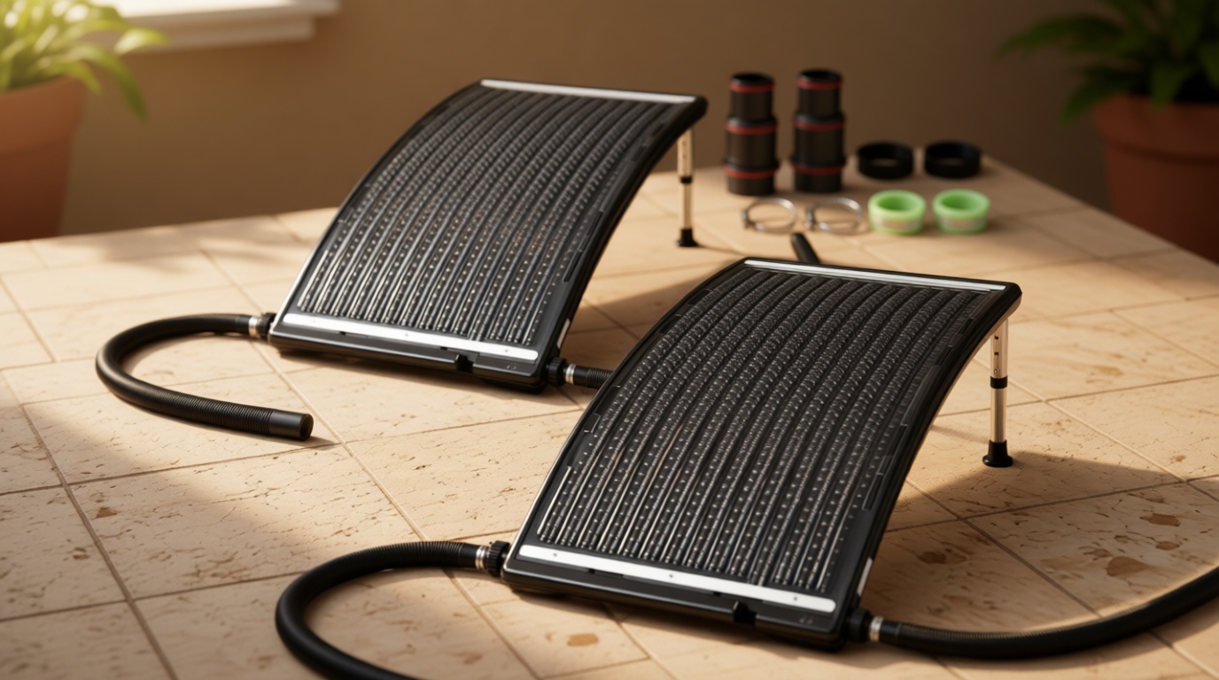 2PCS 2026 Upgraded Solar Pool Heater, with Height-Adjustable Support Feet, Solar Water Heater for Above-Ground and Inground Pools, Includes 4 Adapters, 4 Hoses & Clamps, 4 Plumber Tapes