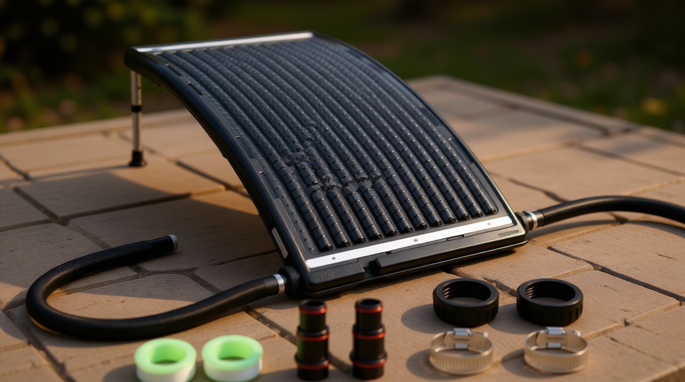 New Solar Pool Heater for Above Ground Pool, Solar Pool Heaters with Adjustable Support Feet, Thickened Panel, Includes 2 Adapters, 2 Hoses & Clamps, 2 Plumbers Tapes