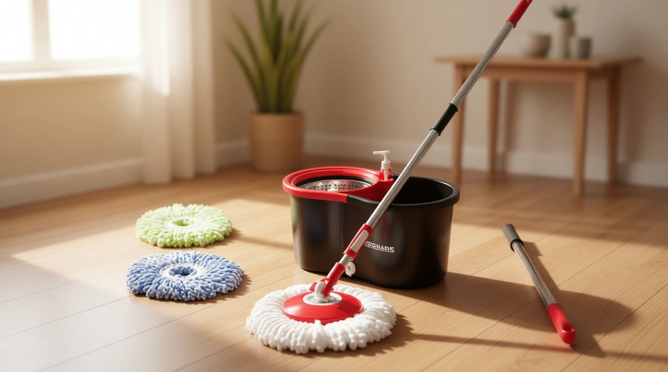 Simpli-Magic 360° Spin Mop and Bucket with Wringer – 3 High-Absorbent Microfiber Washable Heads – Spinning Mop and Bucket Set for All Types Floor Cleaning (Black)