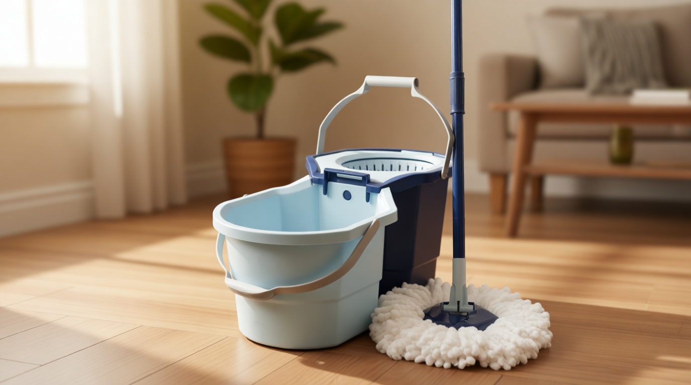Casabella Spin Mop System with Extra Mop Head Refill - Two-Bucket Design with Splash Guard Built-in Measuring Cup and Scraper Tool with Easy Wring Pedal Spinner, 1.25-Gallon, Blue