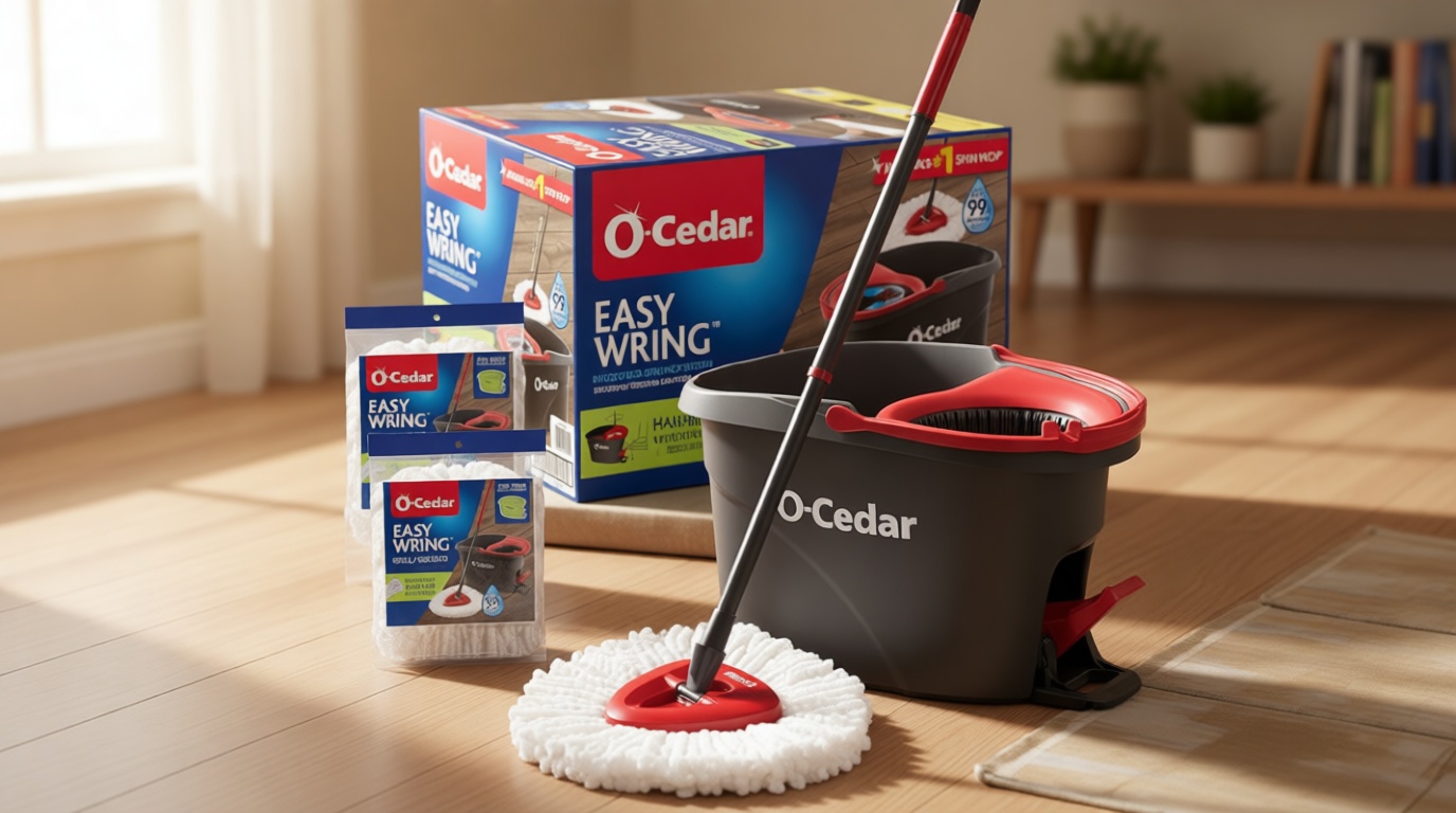 O-Cedar EasyWring Microfiber Spin Mop & Bucket Floor Cleaning System + 2 Extra Refills, Red/Gray