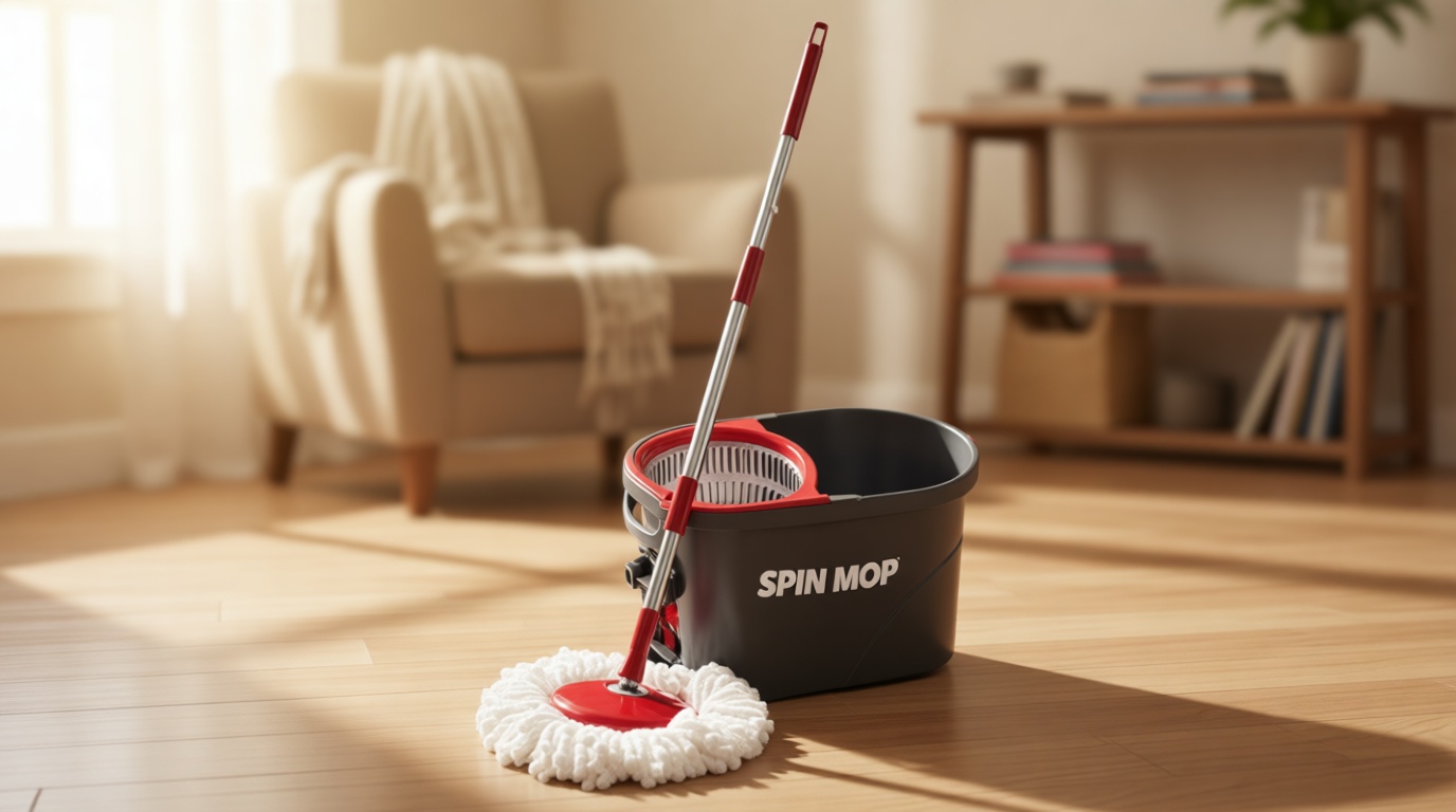 Simpli-Magic 79349 Spin Mop Cleaning System with 3 Microfiber Mop Heads, Red/GRAY,Red/Black