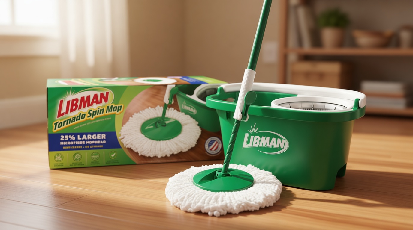 Libman Tornado Spin Mop System and 1 Refill, Mop and Bucket with Wringer Set for Hardwood Floor Cleaning, 2 Total Heads Included