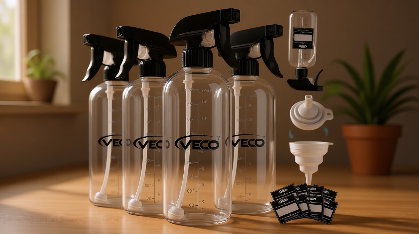 Veco 500mL (17oz) Graduated Spray Bottles, 4-Pack — 360° Any-Angle Spraying for Easy Dilution, Leak-Resistant spray bottles for Cleaning, Plants, Hair & Pet Use + Foldable Funnel
