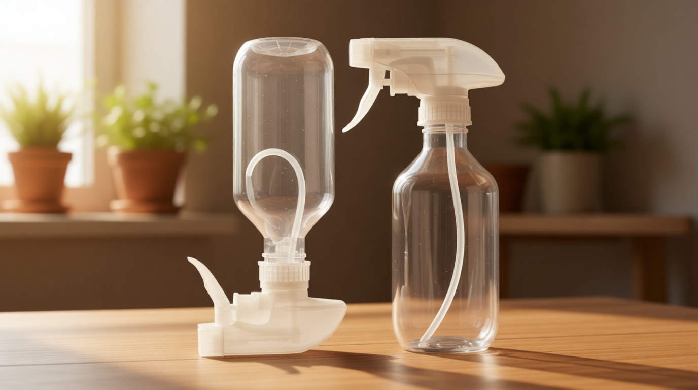 2 Pack 360° Spray Bottles, 10 oz Plastic Small Containers with Adjustable Spray Nozzles, Spray Bottles for Hair, Cleaning Solutions, BBQ and Plants Clear