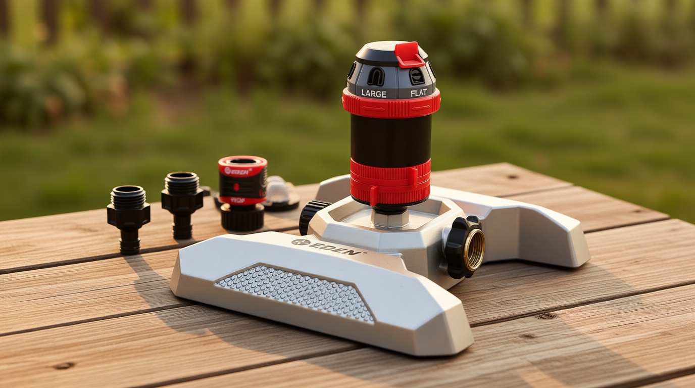 Eden 96122 Metal Base 6-Pattern Rotary Gear Drive Sprinkler | Quiet Operation, Adjustable Range, 5°- 360° Coverage, Flow-Through Design for Customized Watering, Quick Connect Starter Set Included