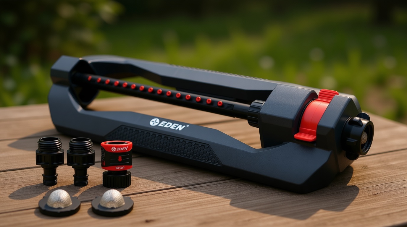 Eden 96213 Essential Turbo Oscillating Water Sprinkler, Covers Up to 3,600 sq. ft., 16 Nozzles, Weighted Base, Adjustable Range, Quick Connect Bundle, Dark Grey, Red, Silver