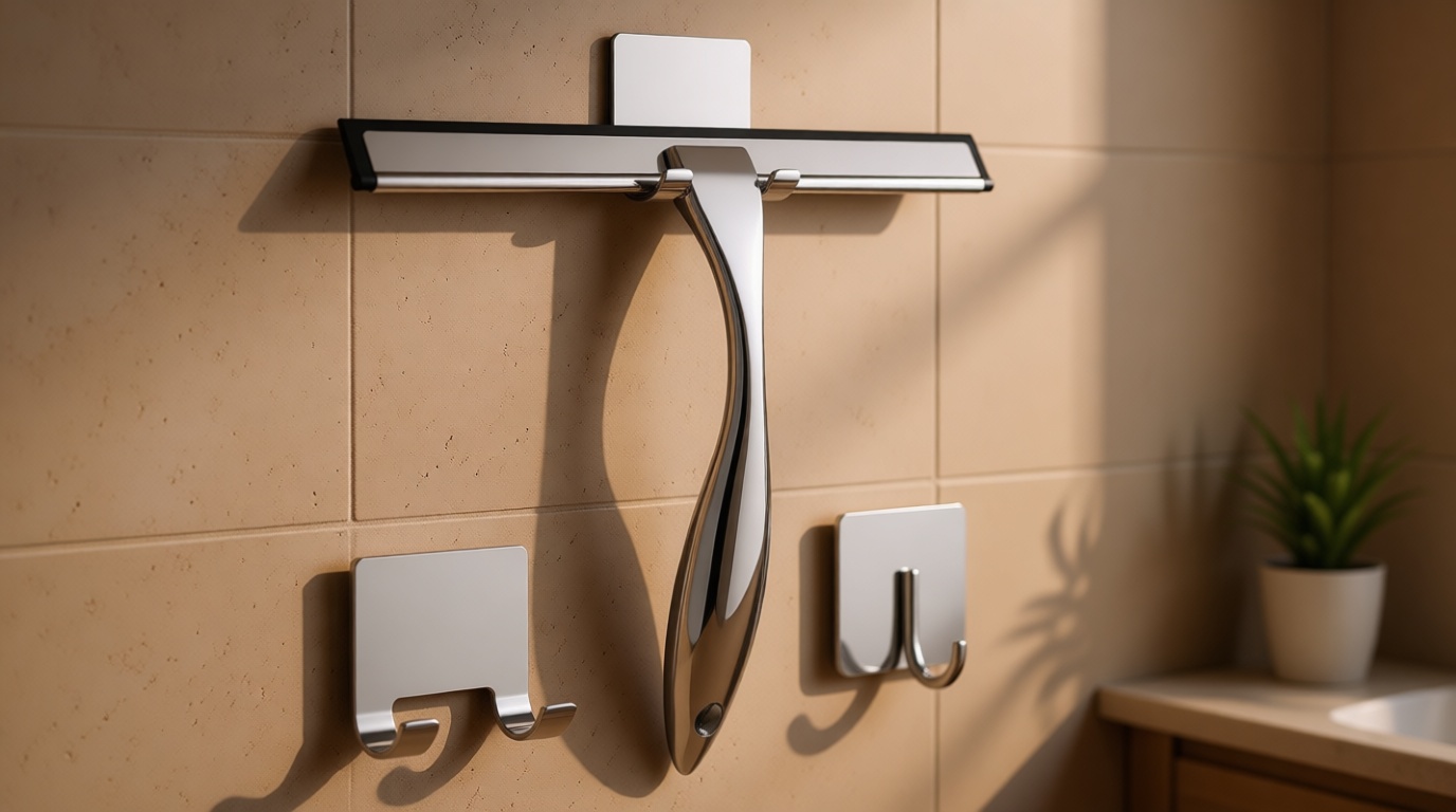 All-Purpose Stainless Steel Shower Squeegee for Shower Glass Door with 2 Adhesive Hooks, Bathroom Cleaner Tool Household Window Mirror Squeegee , Cleaning Tile Wall, Car, 10 Inch Silver