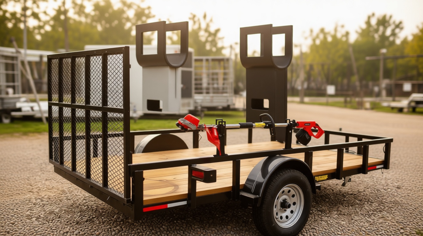 Lockable Mower Rack (with Shock-Absorbing Pads) — A Single-Tier Mower Rack for Trailers and a Dedicated Mower mounting Base, ensuring the Safe Transport of Mowing Equipment