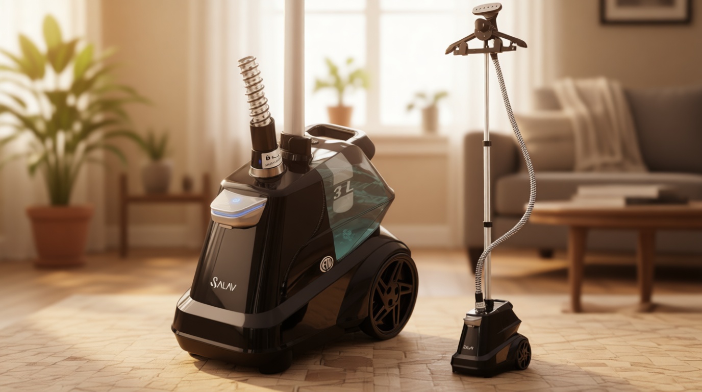 SALAV Heavy Duty Commercial Full-Size Garment Steamer with Foot Pedals and Extra Large 3L (101.5 oz) Water Tank, 1800 watts of Poweful Steam (Navy)