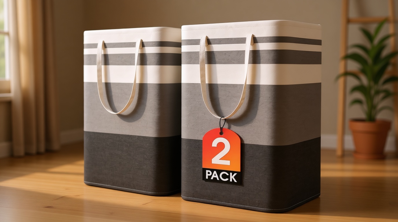 HomeHacks 2 Pack Large Laundry Baskets, Waterproof, Freestanding Laundry Hampers, Collapsible Clothes Hamper with Reinforced Handles in Laundry Room, College Dorm, Bathroom, Bedroom (Grey, 75Lx2)