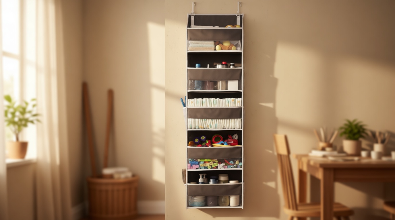 ULG 1 Pack Over Door Organizer with 5 Large and 10 Mesh Side Pockets, 44 lbs Weight Capacity Hanging Storage with Clear Window Kids Toys, Shoes, Diapers, Dark Grey, 5 Layers