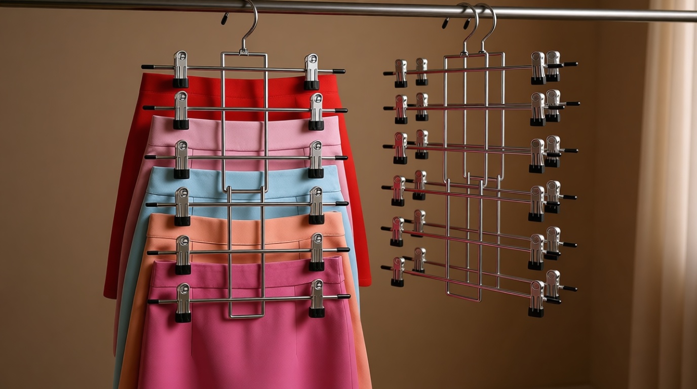 Pants Hangers with Clips,Space Saving Hanging Closet Organizer-6 Tiers Skirt Hangers with 360° Swivel Hook,Closet Organizer-Clothes Hangers- College Dorm Essentials Apartment Essentials-2 Pack