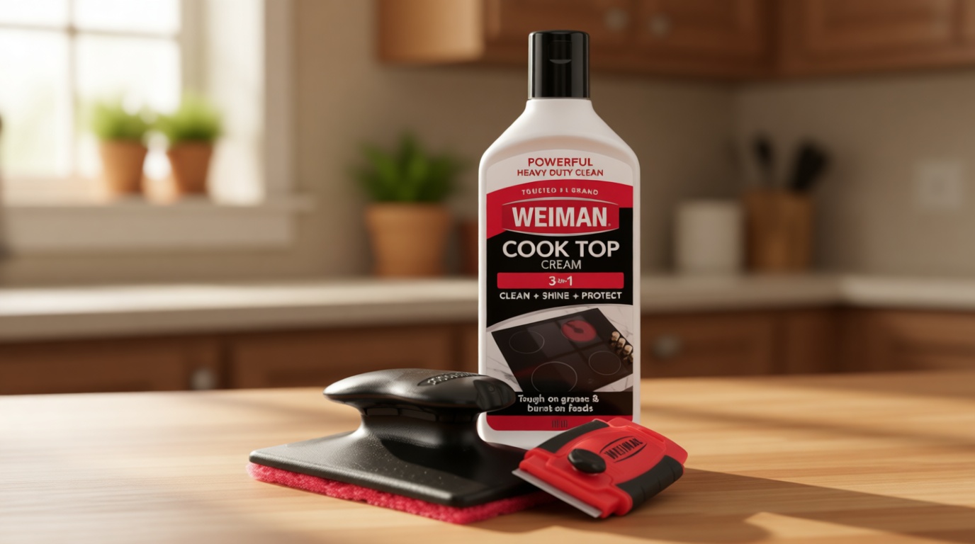 Weiman Glass & Ceramic Cooktop, Stove Top & Oven Cleaner Kit – Kitchen Cleaner Cream, 3 Scrubbing Pads & Scraper for Burnt-On Food & Grease, Clean Shine - Safe for Induction, Electric & Gas Cooktops