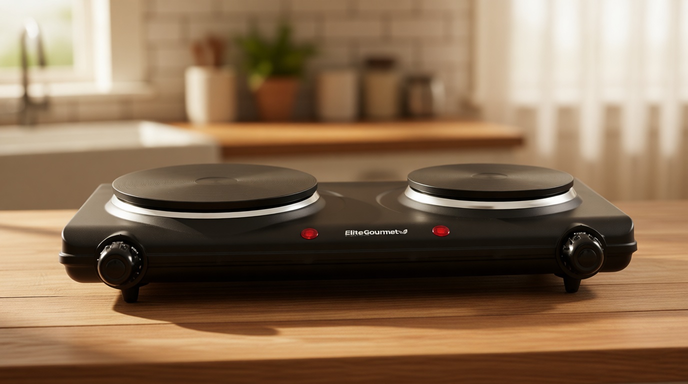 Elite Gourmet EDB-302BF Countertop Double Cast Iron Burner, 1500 Watts Electric Hot Plate, Temperature Controls, Power Indicator Lights, Easy to Clean, Black