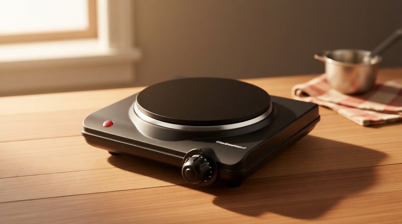 Elite Gourmet Countertop Electric Burner, 1000W Cast Iron Hot Plate, 7 Heat Settings, Portable Cooktop for RV, Dorm, Office & Small Kitchens, Road-Ready & Compact