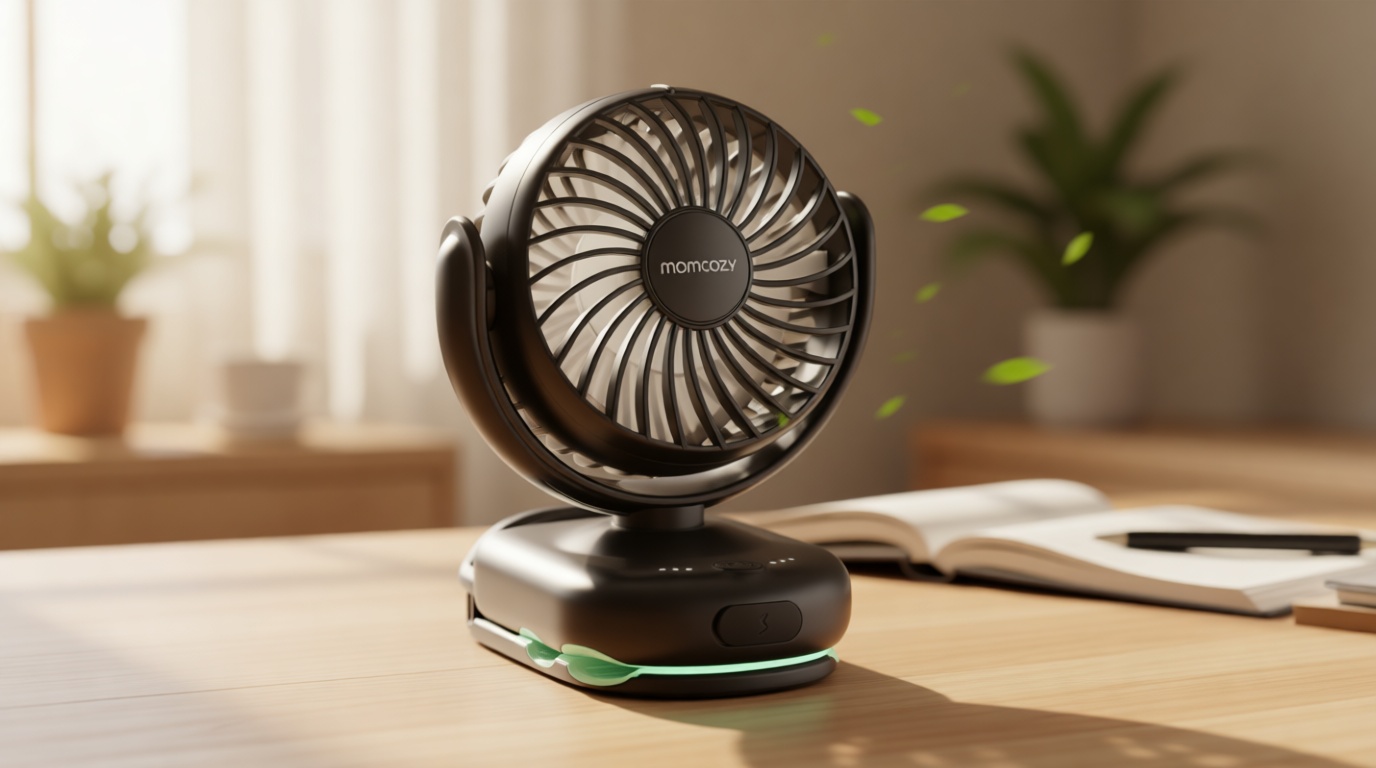 Momcozy Portable Stroller Fan with Clip | 4-Speed Mini-Fan for Carrier | Personal Fans Ultra Light 0.26lb | Gaps ≤4.5mm | Handheld Cooling | Rechargeable Rotate for Diaper Backpack/Table/Chair