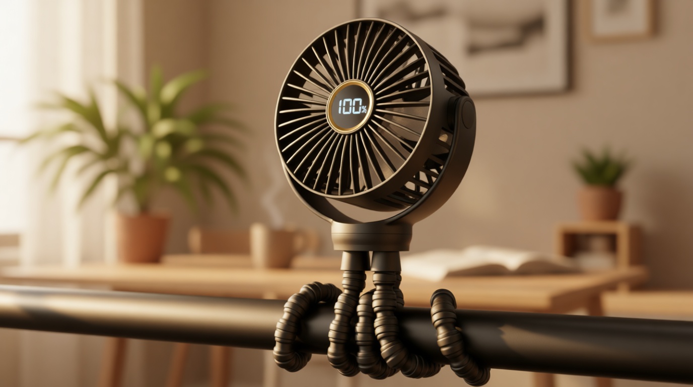 Portable Stroller Mini Fan, Small Rechargeable Personal Fan, Baby Travel Essentials for Wagon, Car Seat, Treadmill, Battery Powered Biking Gear Accessories, 360° Rotation, 3-Speed, Display, Black