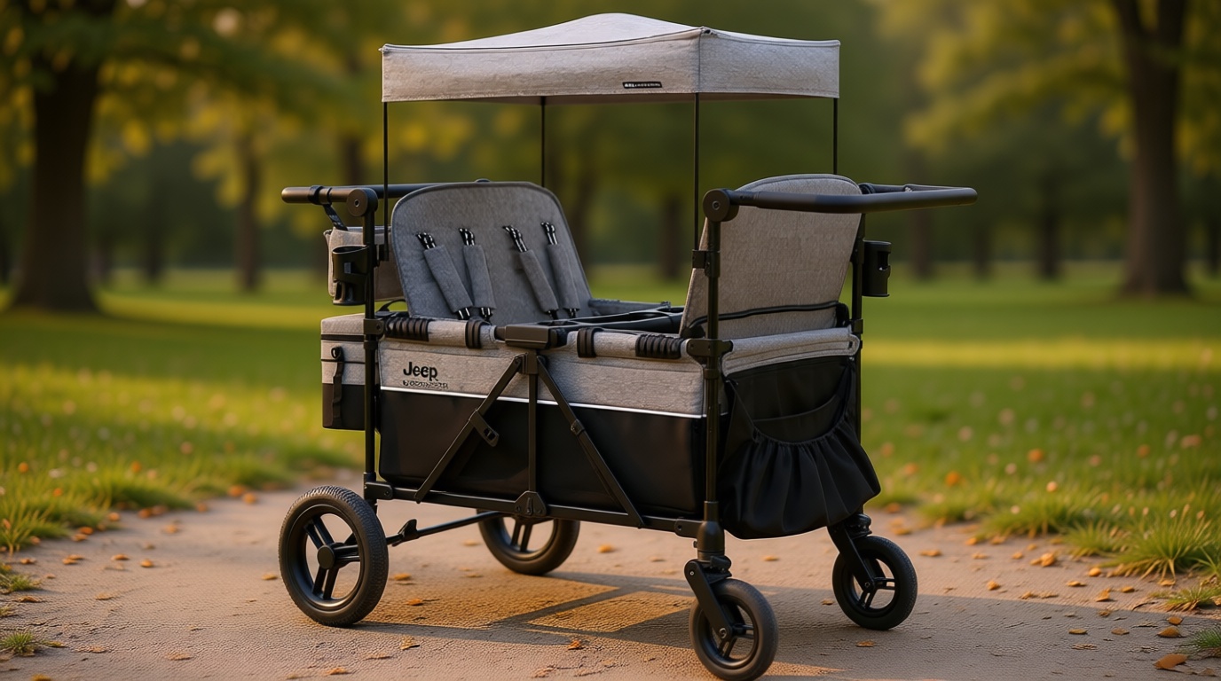 Jeep Wrangler Deluxe 4 Seater Stroller Wagon by Delta Children - Premium Quad Stroller Wagon for 4 Kids with Convertible Seats, Adjustable Push/Pull Handles, Removable Canopy & Flat Fold, Grey