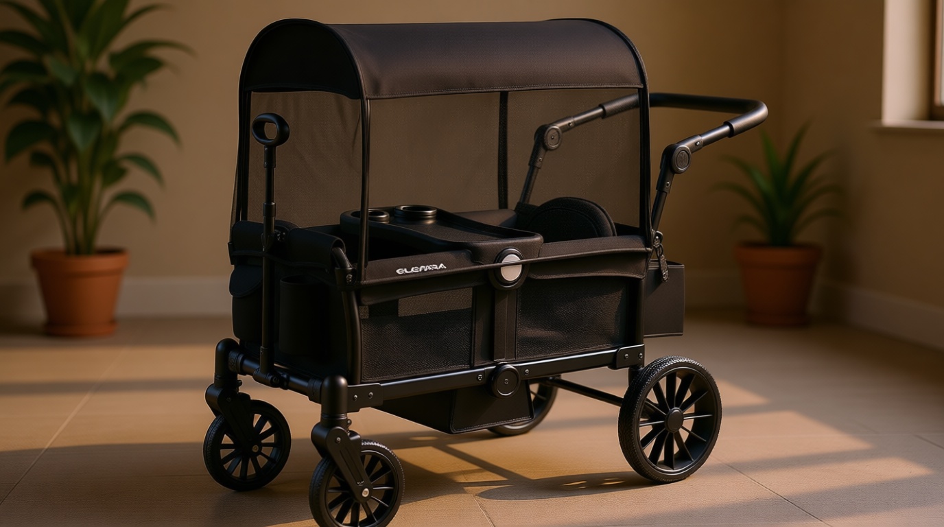 ELEMARA Stroller Wagon, 2 Seat Stroller for 2 Kids, Premium All Terrain Stroller for Kids w/Removable Canopy, Adjustable Push/Pull Handle, Large Storage Bag, Black