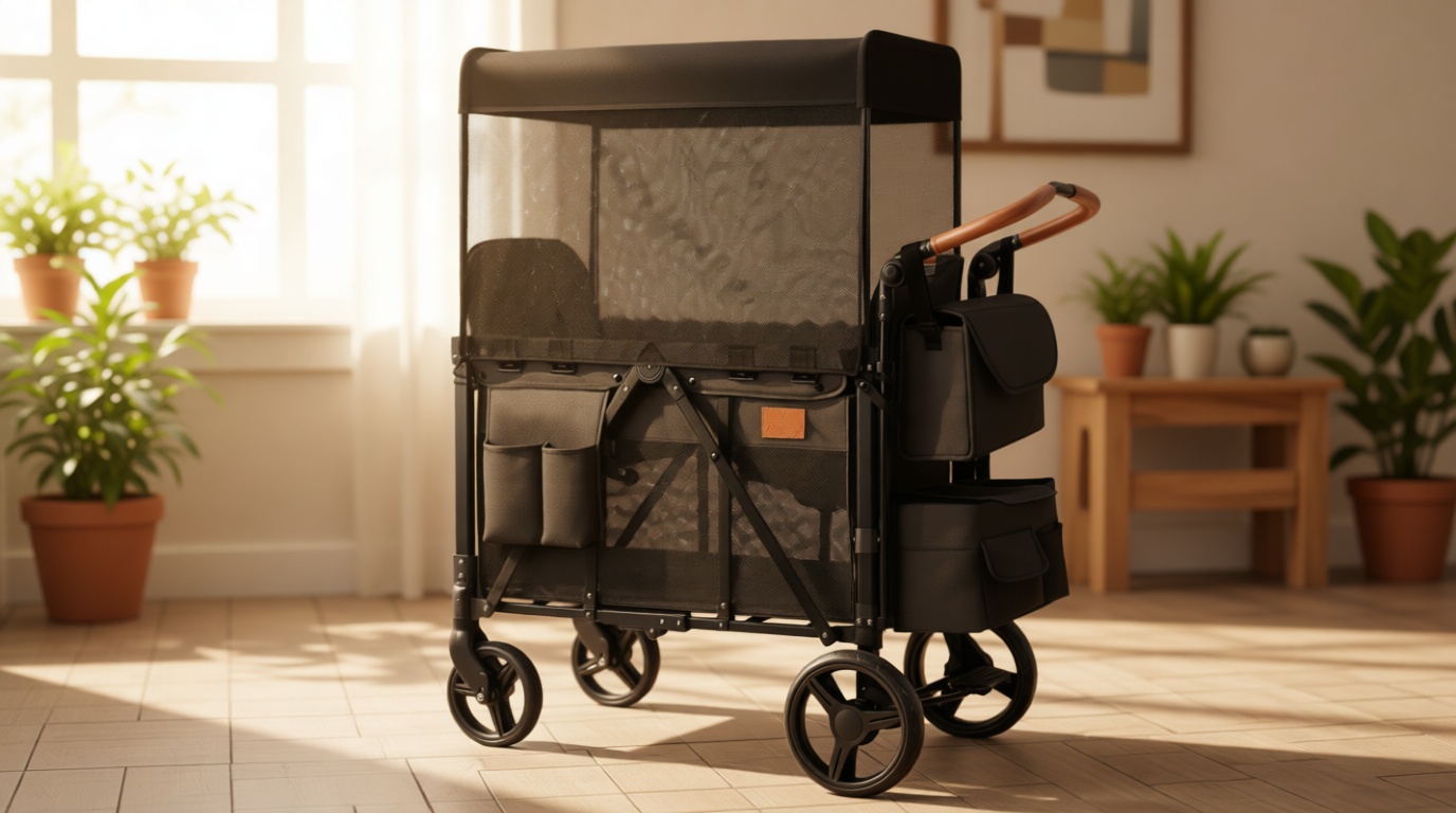 ZTDM Wagon Stroller for 2 Kids, High Seat & 5 Point Harness, Foldable All-Terrain Wagon for Toddler with Canopy, Parent Organizer, Shoulder Bag, Adjustable Handlebar, Ultimate Double (Black)