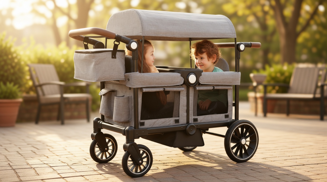 Kinder King Folding Wagon Stroller for 2 Kids, All-Terrain Baby Stroller Wagon Outdoor, Removable Canopy 2 Seater, Adjustable Handle, Shock-Absorbing Wheel, Detachable Tray, Parent Organizer, Gray