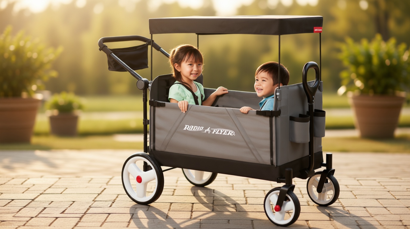 Radio Flyer City Luxe Stroll 'N Wagon, for Ages 1+, 3-in-1 Push or Pull, with Bench Mode, Easy Fold, UV Canopy, 5-Point Harnesses, Front Caster Wheels & 12" Rear Wheels, Stroller Wagon for Kids