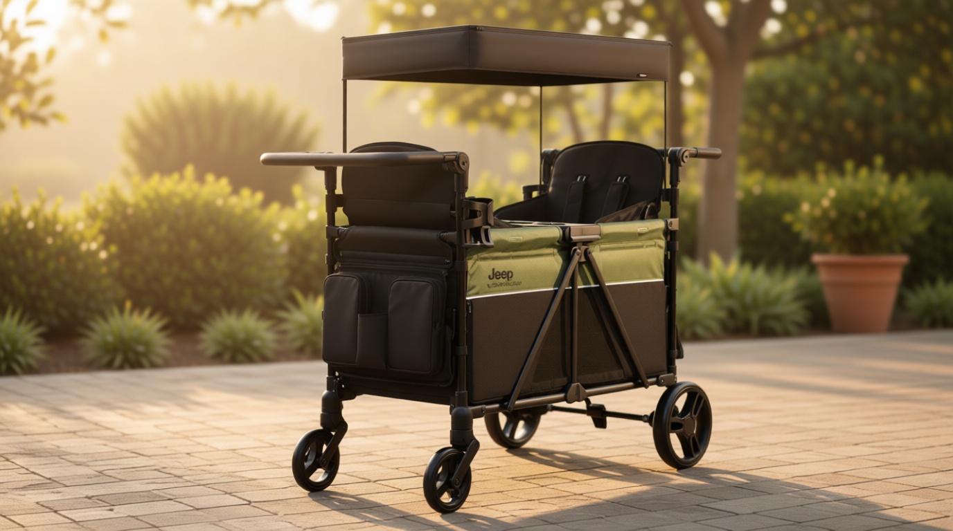 Jeep Aries Stroller Wagon by Delta Children Premium Wagon for 2 Kids with Convertible Seats, Adjustable Push/Pull Handles, Removable Canopy & Flat Fold - Greenguard Gold Certified, Black/Green