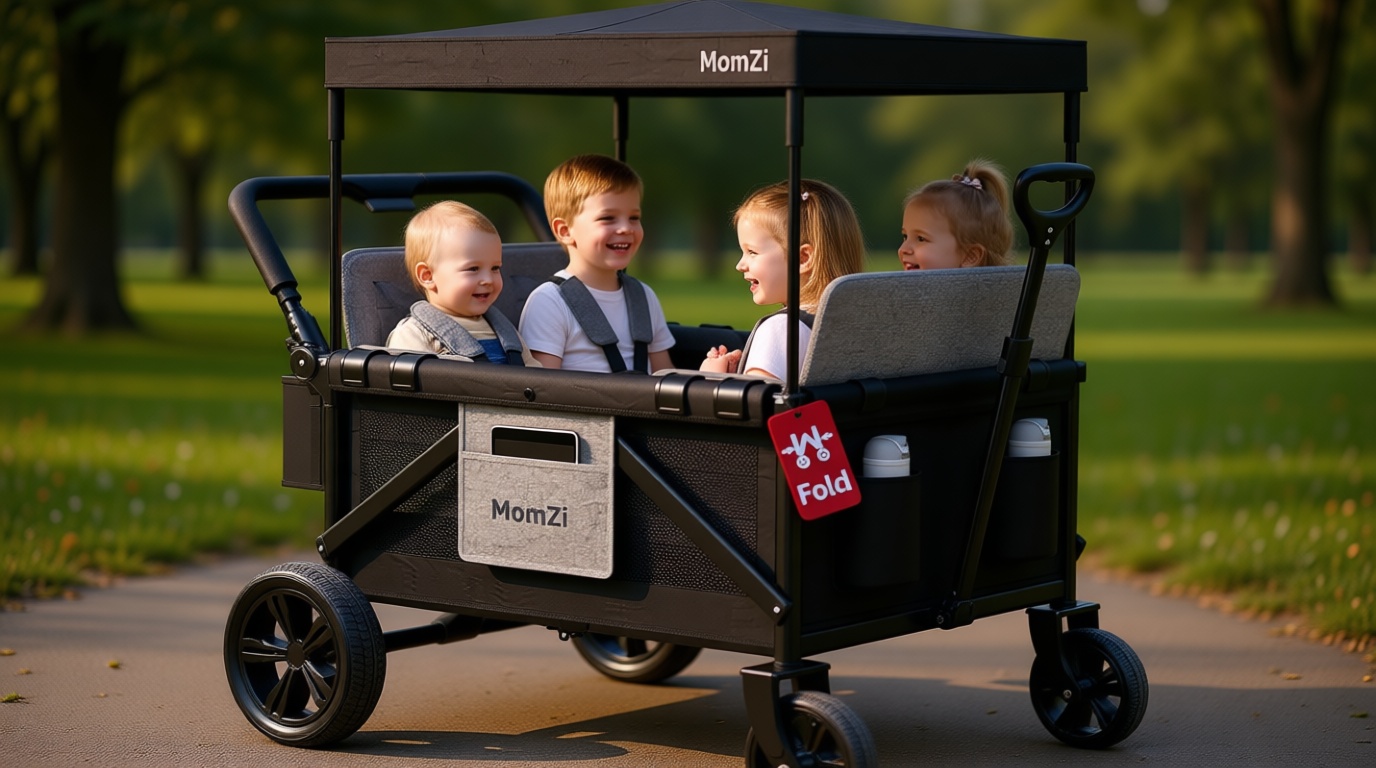 4 Seater Wagon Stroller for Kids, Collapsible Wagon Stroller with Removable Canopy, Foldable Stroller Wagon with Seat and Storage Pocket for Baby Toddlers Black