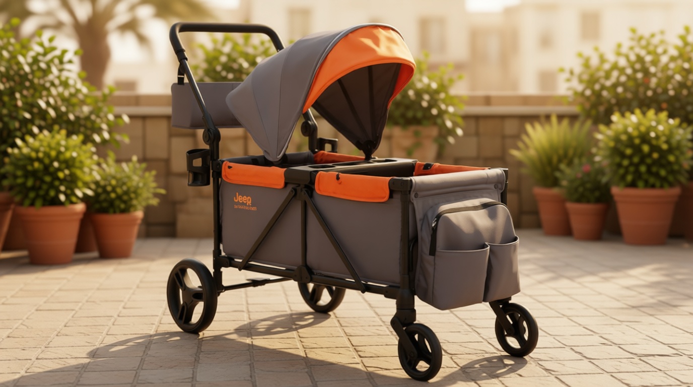Jeep Sport All-Terrain Stroller Wagon by Delta Children - Includes Canopy, Parent Organizer, Adjustable Handlebar, Snack Tray & Cup Holders, Grey/Bonfire