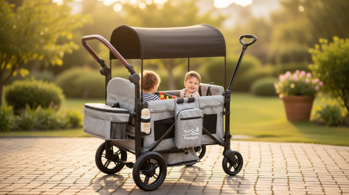Rovique Wagon Stroller for 2 Kids,Premium Wagon for Kids with Removable Canopy, Snack Tray, Convertible Baby Bassinet, 5-Point Safety Harness, All-Terrain PU Wheels & Adjustable Push/Pull Handle,Grey