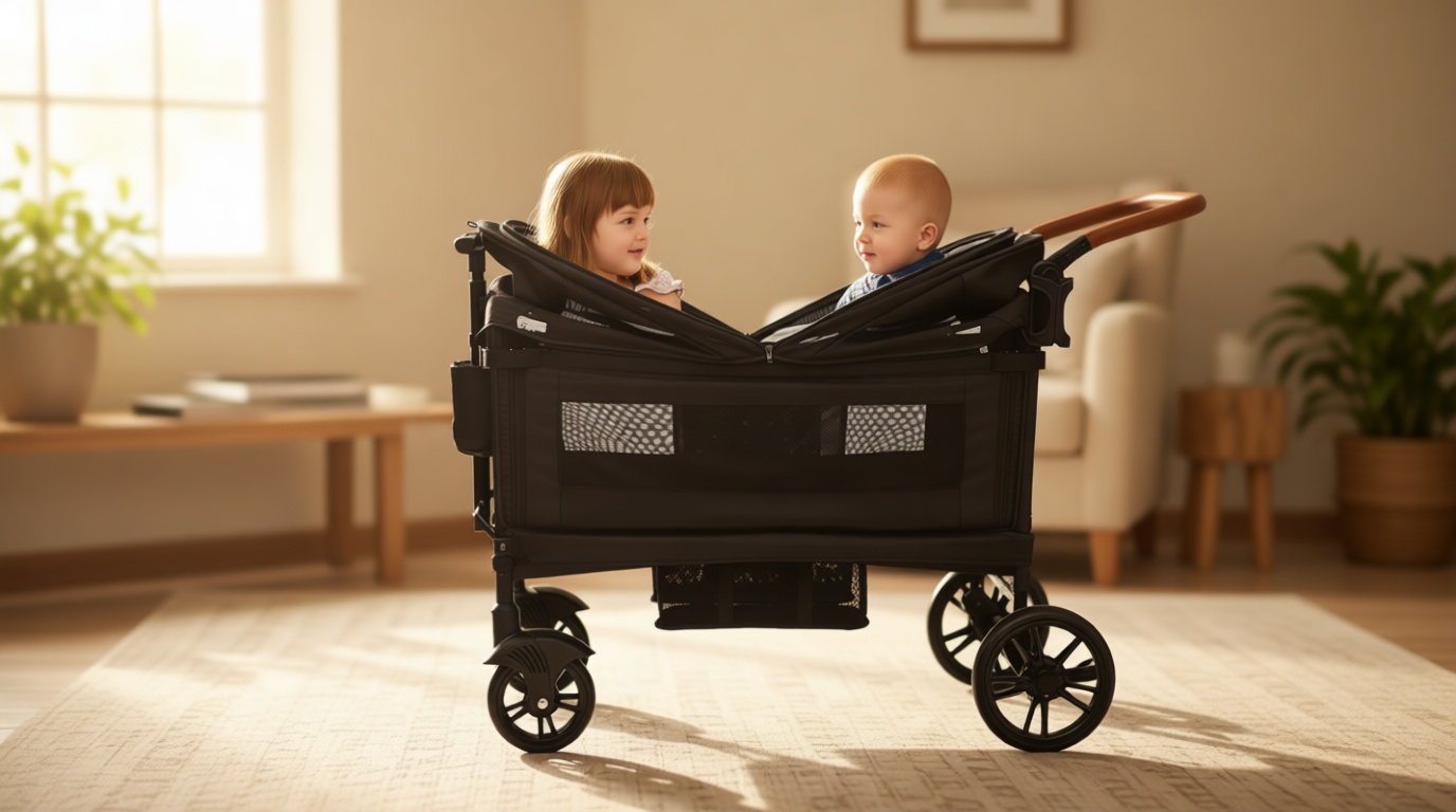 Luxury Wagon Stroller for 2 Kids & Cargo-Lightweight Foldable Travel Push Pull All-Terrain Double Wagon for Newborn&Toddler with 5-Point Harness,Adjustable Handle, Canopy,Tray Table,Cup Holder