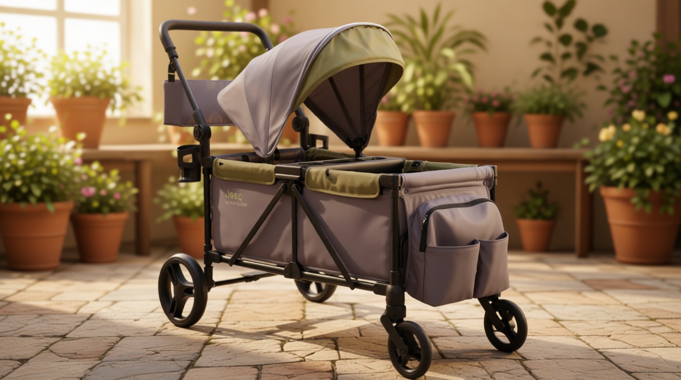 Jeep Sport All-Terrain Stroller Wagon by Delta Children - Includes Canopy, Parent Organizer, Adjustable Handlebar, Snack Tray & Cup Holders, Grey/Olive Green