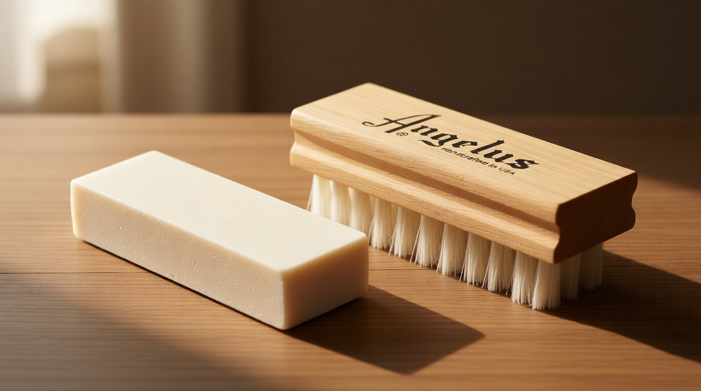Angelus Suede & Nubuck Cleaner Kit - 1 Cleaning Eraser Block and 1 Nylon Bristle Brush - Eliminates Stains, Removes Spots, Restores Nap - for Leather Suede Shoe, Handbags, Jackets, Boots, Furniture