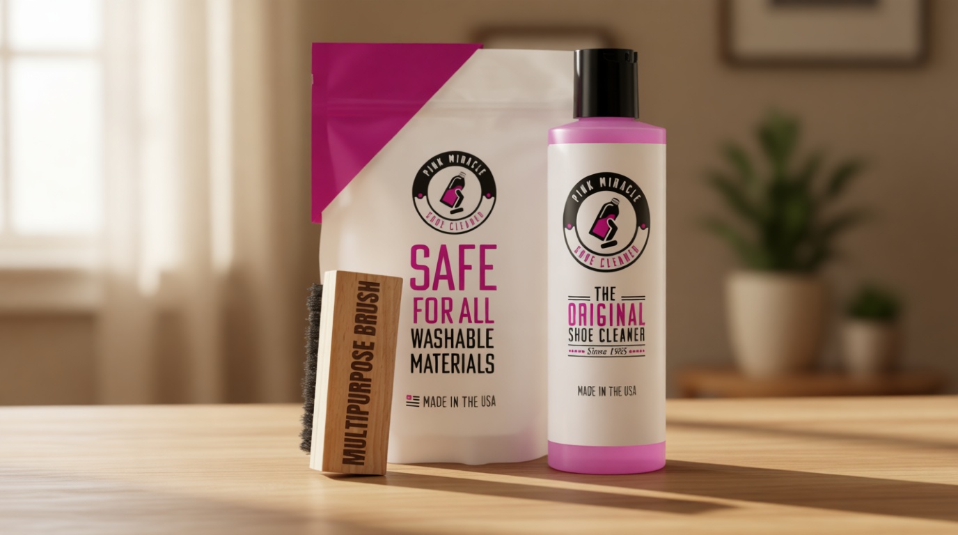 Pink Miracle Shoe Cleaner Kit with Bottle and Brush For Fabric Cleaner For Leather, Whites, Suede and Nubuck Sneakers