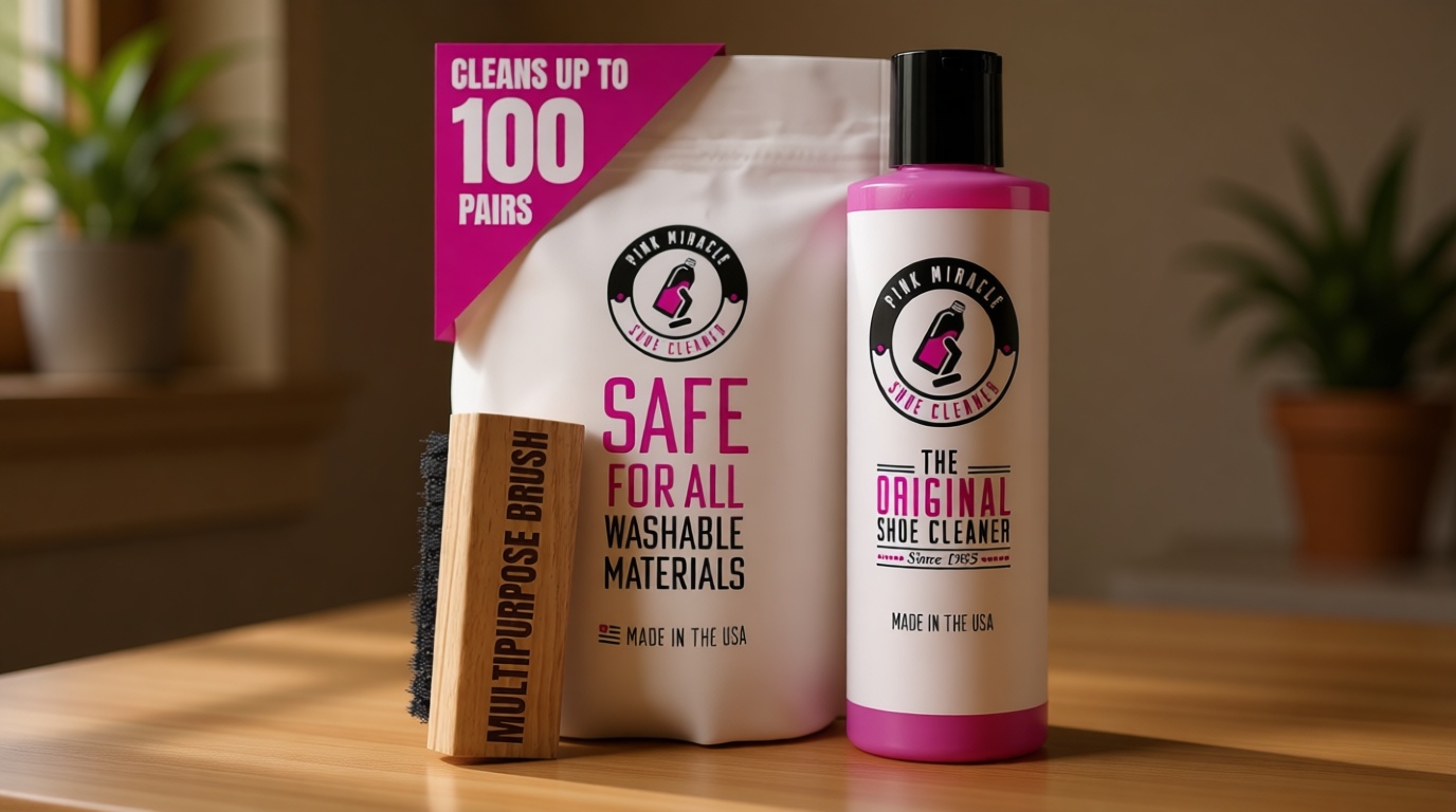 Pink Miracle Shoe Cleaner Kit with Bottle and Brush For Fabric Cleaner For Leather, Whites, Suede and Nubuck Sneakers