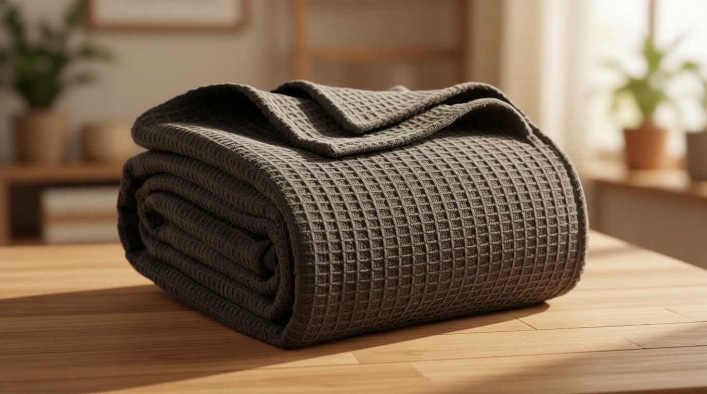 100% Cotton Blankets for Bed - Waffle Weave Blankets for Summer, Lightweight and Breathable Soft Woven Blanket for Spring (Dark Grey, Queen (90" x 90"))