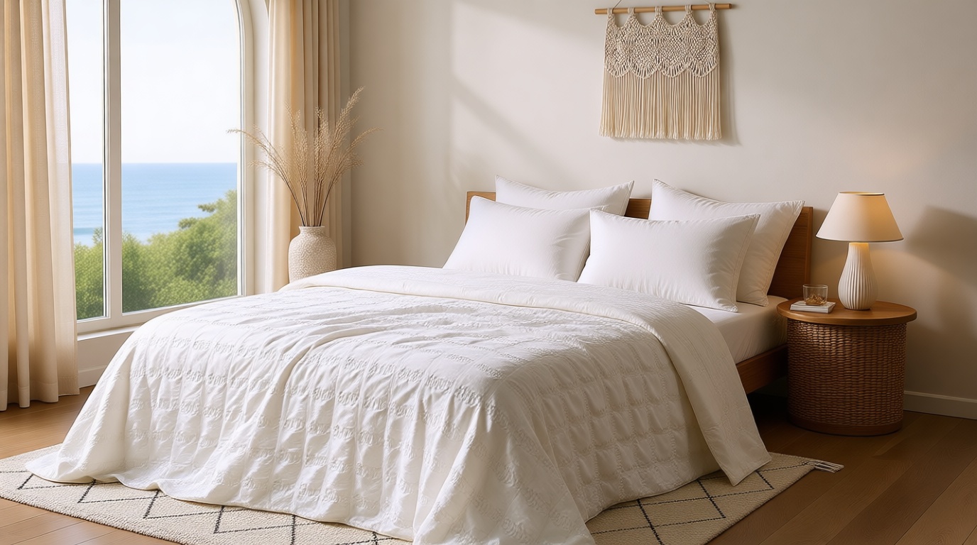 Cozy Bliss Cooling Comforter Seersucker Plaid Queen Size, Q-Max 0.45 Lightweight Cooling Blanket, Breathable Silk Smooth Summer Bedding Quilt for Hot Sleepers Night Sweats White OEKO-TEX STANDARD 100