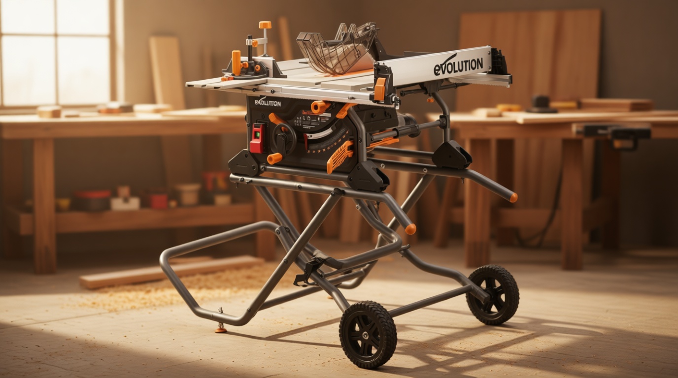 Evolution R10TBLX 10" Jobsite Table Saw with Wheeled Scissor Stand | 15A Motor | Multi-Material Cutting | 10" Blade | 26” Rip | 3-3/8” Depth | 0-45º Bevel | Precision Fence | Portable & Heavy-Duty