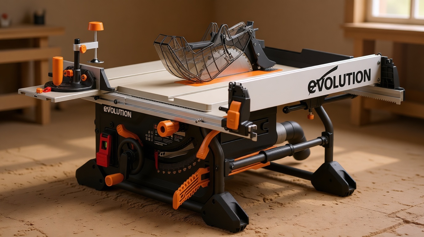 Evolution R10TS 10" Jobsite Table Saw | 15A Powerful Motor | Multi-Material Cutting | 10" TCT Blade | 26” Rip Capacity | 3-3/8” Cut Depth | 0-45º Bevel | Precision Fence | Portable & Heavy-Duty
