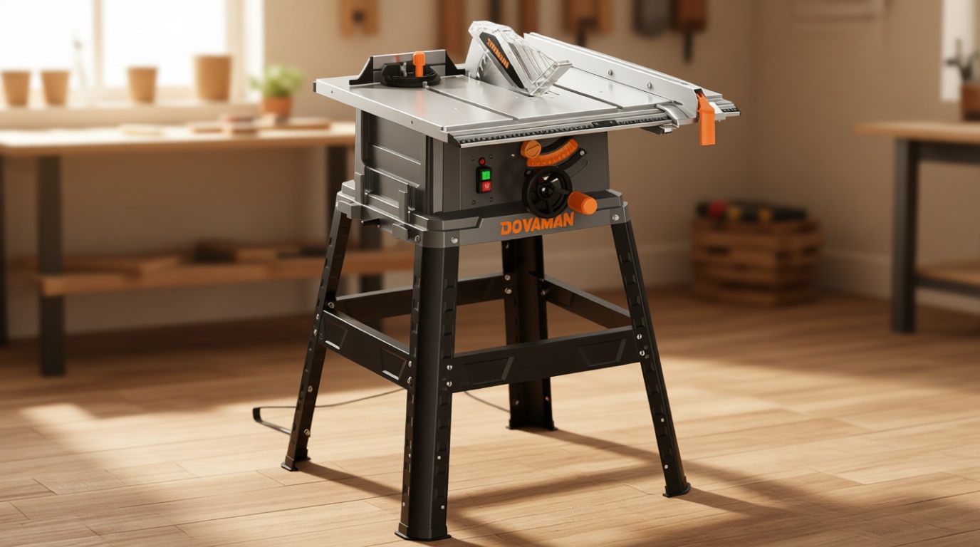 DOVAMAN DTS10A Table Saw, 10-Inch 15A Table Saw/W Stand, Max Cutting Height: 2.48" (45°) / 3.35" (90°), 5300 RPM Copper Motor, Extension on One Side, Multifunctional Table Saw for Various Wood Working